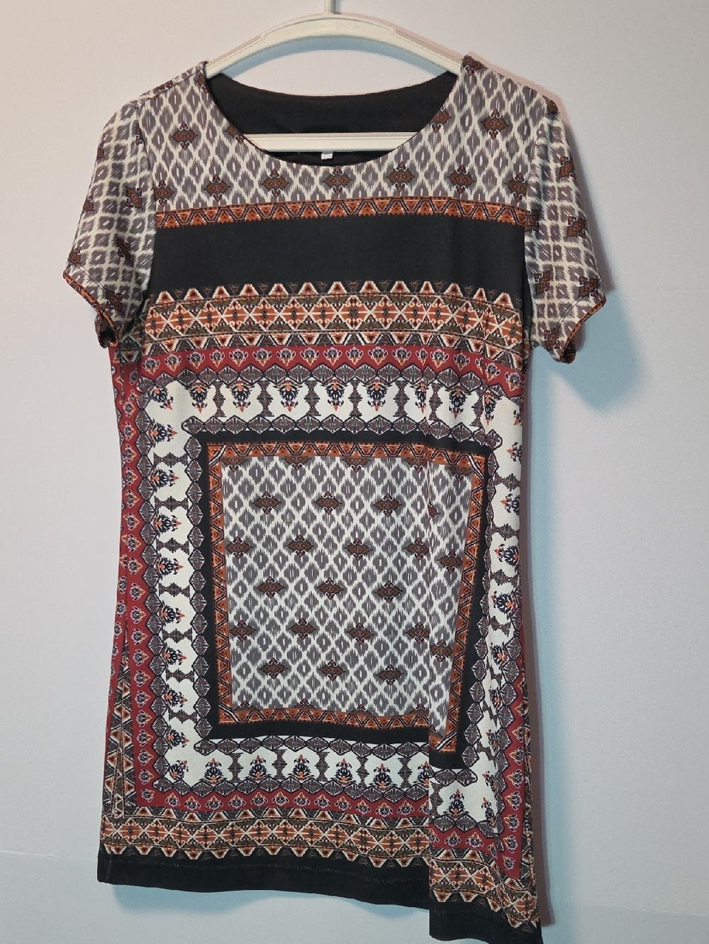 Marie Claire Boho Print Shift Dress Short Sleeve Mini Red Black S